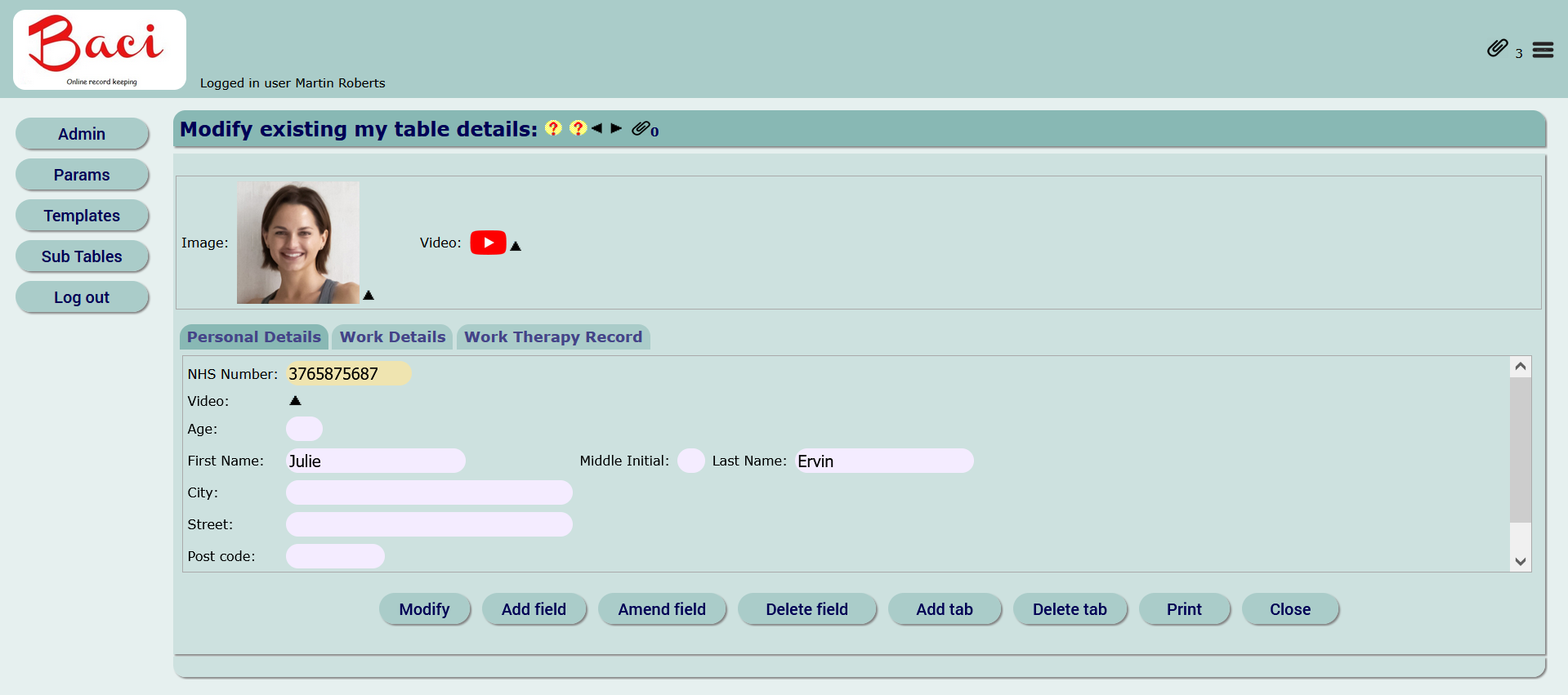 BACI Record Selection Screen - Table view with employee data